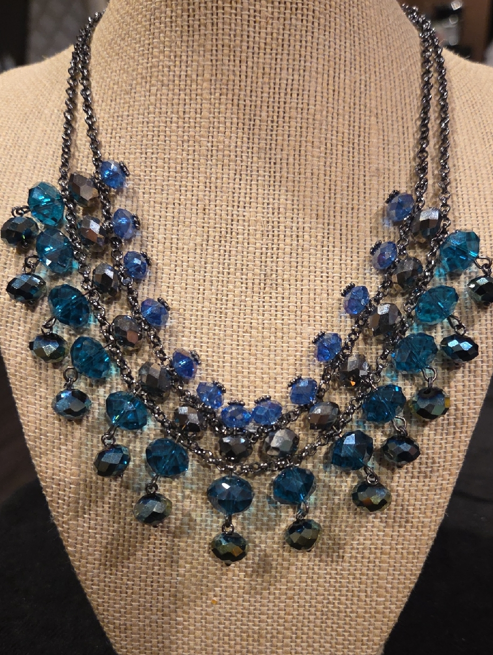 JS Collections Teal and Royal Blue Multi-Strand Crystal Necklace